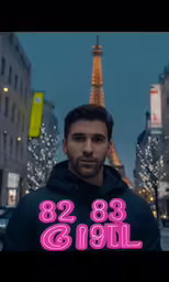 a guy with a pink sign and the eiffel tower