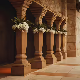 two flower vases are holding white flowers along an outdoor walkway