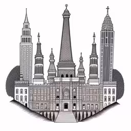 the illustration of a large cathedral and two towers,some kind of drawing that is made to look like the top of a building