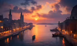 a sunset view of several boats and buildings on the water