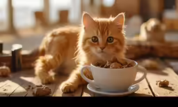 an adorable little orange cat enjoying a cup of cereal