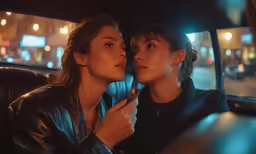 two women sitting in the back of a car smoking and taking photos with their phones