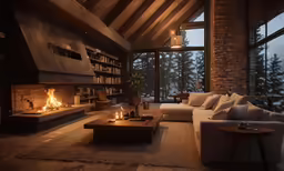 the living room is decorated with warm wood and light