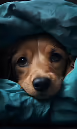 a puppy under the covers looks into the camera
