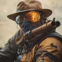 a man in a firefighters outfit is holding his gun