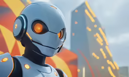 a robot with glowing eyes next to a building