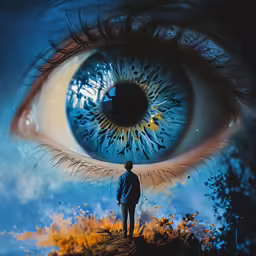 a man is staring into the eye of an illuminated picture