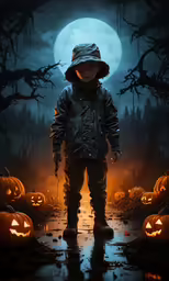 a kid standing in the middle of a field at night