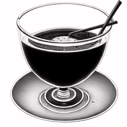 a black drink sits in a glass next to an object