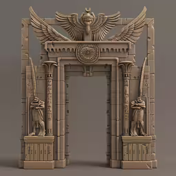 the gate has two statues and is carved,a large stone arch with two statues on top