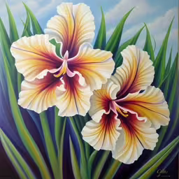 two flowers sit in the grass next to green leaves,a painting of white and yellow flowers on a blue background,a painting that has some flowers painted on it,two flowers are depicted in a painting,this painting is titled two flowers in white and yellow colors
