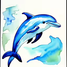 two blue dolphins jumping in the air above some clouds,a watercolor drawing of two dolphins jumping in the air