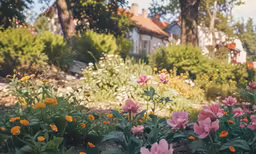 beautiful pink and orange flowers in the sun by a house