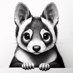black and white photo of a baby racoon peeking over a sign