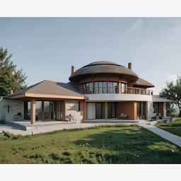 a circular house made out of stone and wood