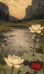 flowers and plants are shown in the water near mountains