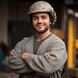 a person with a helmet standing with his arms crossed