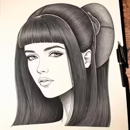 a drawing of a woman with bangs on her head