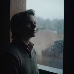 a man looking out of a window with a rain coming down on him