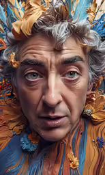 a man with grey hair wearing flowers in his hair