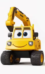 a large yellow crane with eyes sitting on top of it