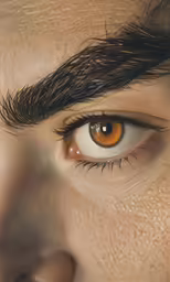 an orange eyed man with an orange and black mustache