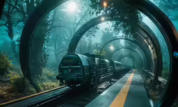 a train traveling through a lush green forest filled with trees