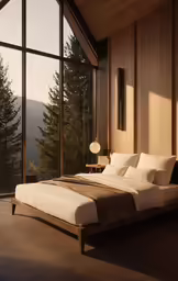 a large room with a bed and large window