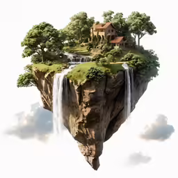 an island with houses and waterfall floating in the sky