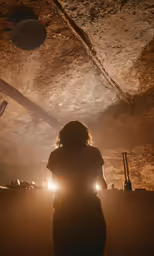 a person walking in a tunnel with lights on