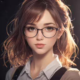 the character is wearing glasses and looking straight ahead
