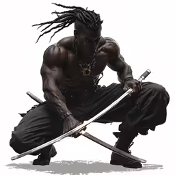 the artwork depicts a man kneeling holding two swords