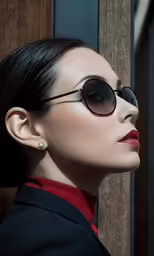 a woman in black with sunglasses is standing near a wall