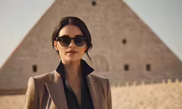 the woman in a brown jacket stands by the pyramids