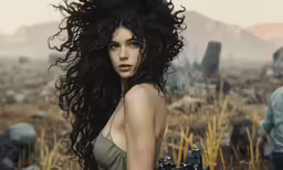 a woman with very long hair is sitting in a field