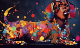 a woman with glasses, paint on her body, and headphones on