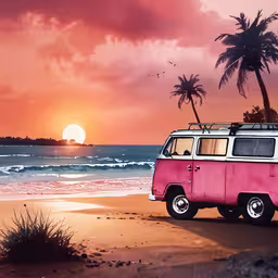 a pink van parked in front of a body of water at sunset,a pink van sitting on the beach at sunset