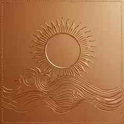 an abstract bronze plate with waves and a sun