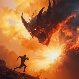 a man and a demon run towards a massive fireball