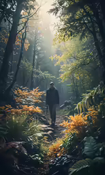 a person walking in the woods near a grove of trees
