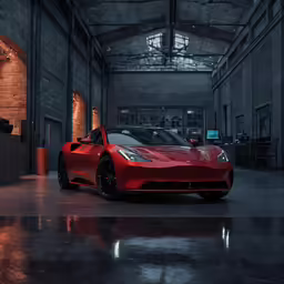 a red car in an industrial building at night