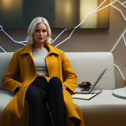 a woman wearing a long coat is sitting on a sofa