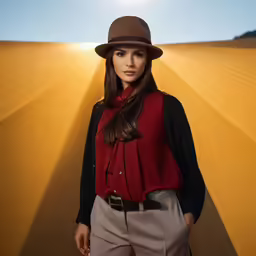 a woman wearing a brown hat and a red shirt