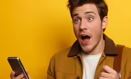 a man holding a cell phone in his right hand and looking surprised