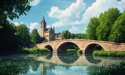 a stone bridge spanning over a river and trees