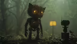 an animated character standing in the middle of a forest