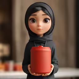 an action figure wearing a hijab holding a can