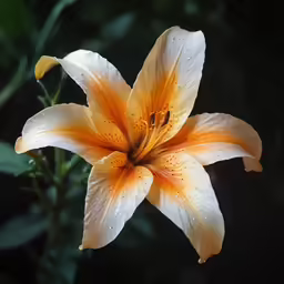 an orange flower is shown with drops on its petals