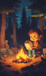 an animated character is sitting in the forest by a campfire