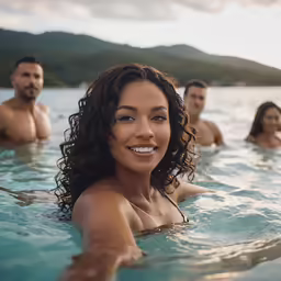 a beautiful young woman in the middle of a swimming pool with other men